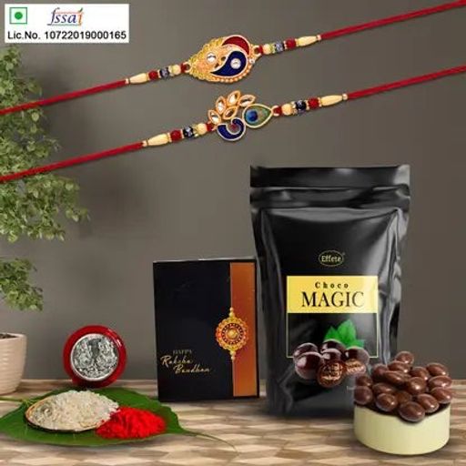 Rakhi Gift Set with 2 Designer Rakhis for Brother – Includes Choco Magic Pack, Silver Coin, Roli Chawal & Greeting Card-DSIN 60061