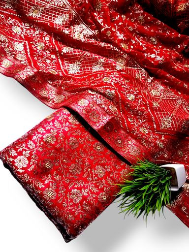 Red Stone Work Kimkhab Silk Banarasi Gharara