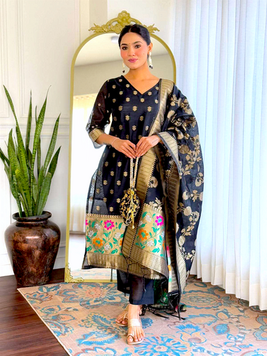Black Kalgha Jaal Banarasi Silk Suit