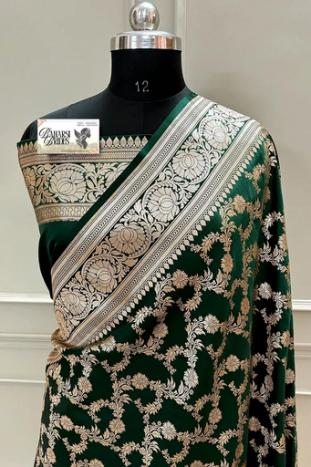 Bottle Green Moglai Jaal Katan Silk Banarasi Saree