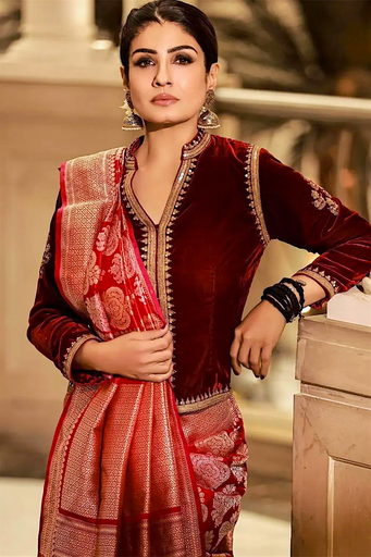Raveena Tandon Red Katan Silk Banarasi Saree