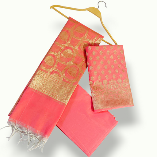 Peach Golden Zari Resham Silk Banarasi Suit