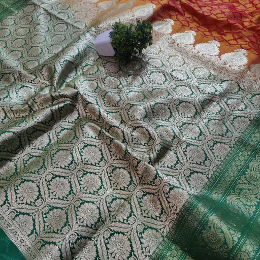 Green & Red Banarasi Silk Saree with Floral Jaal Weaving