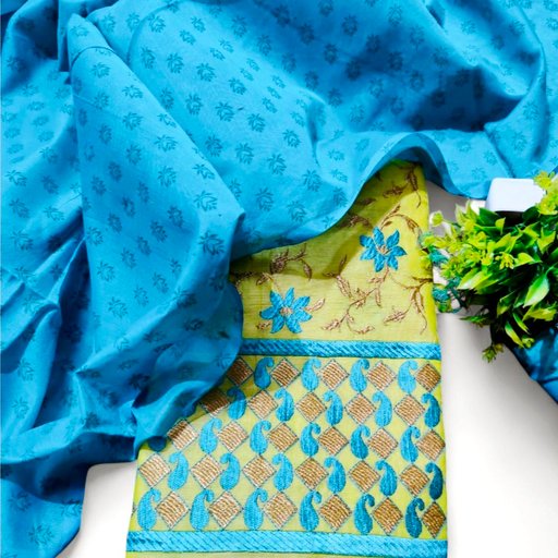 Yellow Suit with Blue Bottom & Elegant Embroidery Work