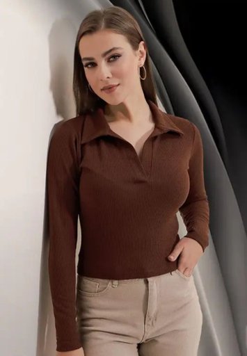 Casual Polyester Blend Ribbed Collar V-Neck & Regular Long Sleeves Stylish Coffee Top 
