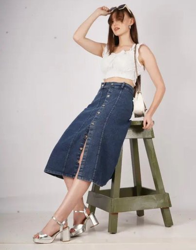 Stretch High Waisted Two Button Up Flared Dobby Denim Skirt For Women & Girls