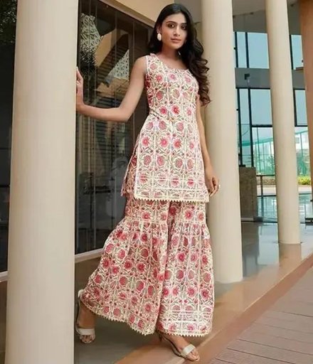 Women's Beautiful Traditional Rayon Printed Kurta With Sharara Set