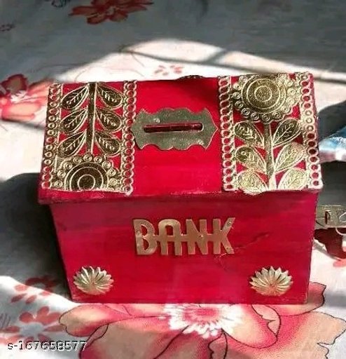 hand made wooden money bank with lock ( red ) 