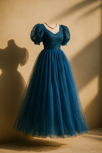 Elegant Teal Blue Puff Sleeve Tulle Evening Gown with Embroidered Bodice