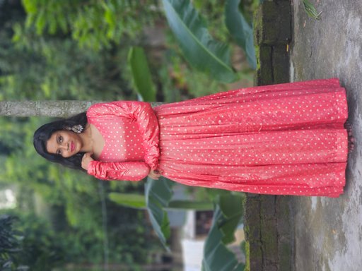 Elegant Coral Pink Anarkali Gown with Golden Prints