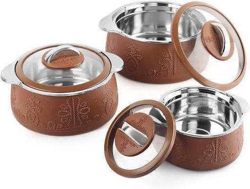 Cello Royale Combo of 3 Casseroles with Insulated Stainless Steel and Glass Lid, Capacity - 600+1100+1600ml, Brown