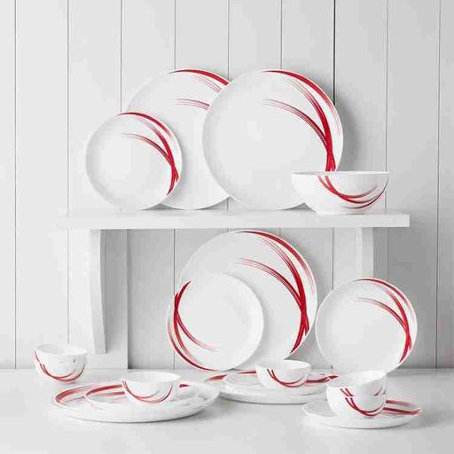 Larah by Borosil Pack of 19 Opalware Red Stella Dinner Set  (White, Microwave Safe)