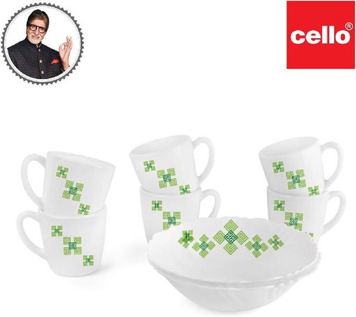 Cello Opal Ware Imperial Quick Bite Set, Green Maze, 8PC, White