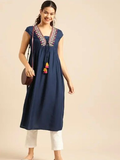 womens rayon embroidery kurta, aline kurta, long kurta, Cap sleeve kurta, tendy kurta