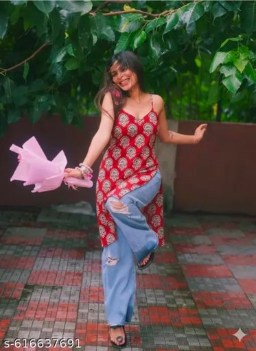 LINAASHA Women's Jaipur Pure Cotton Ajrakh Printed Backless Straight Summer Casual Festive Kurti