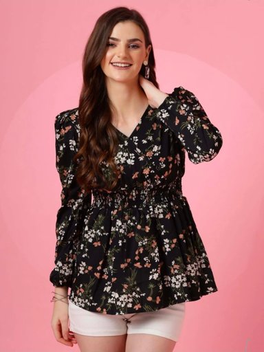 Casual Puff Sleeves Floral Print Women Black Top