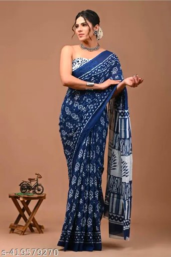 SUNDREESAREE Jaipuri Hand Block Printed Soft Cotton Mulmul Saree, Sanganeri Cotton Malmal Saree, Bagru Cotton Saree, Batic / Batik Print Cotton saree In Super Fine 92*80 Fabric Quality With Attached Blouse Piece for Woman
