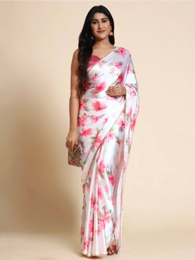 Floral Print, Digital Print Bollywood Satin Saree (White)