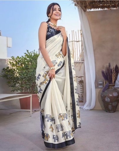 Printed Daily Wear Art Silk Saree (White, Black)