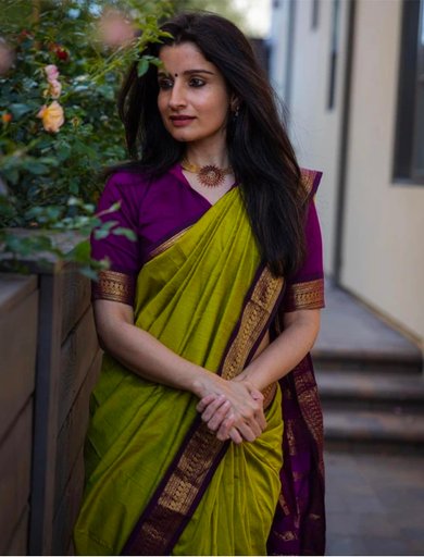 Woven Maheshwari Cotton Silk Saree (Light Green, Purple