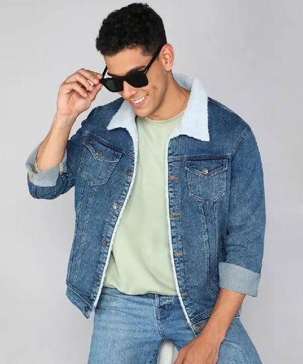 Men Solid Blue Denim Jecket 