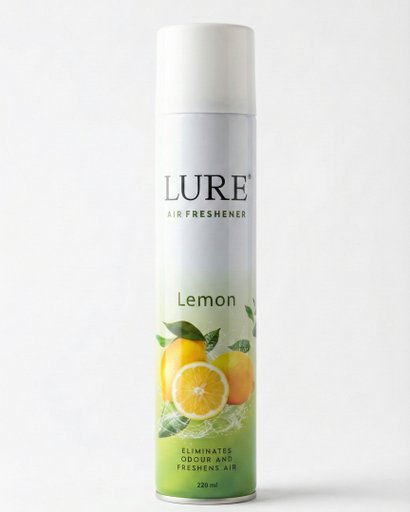 LURE Lemon Air Freshener Spray (220 ml) | Room Freshener for Home & Office | Long Lasting Citrus Fragrance | Badbu Nashak Spray