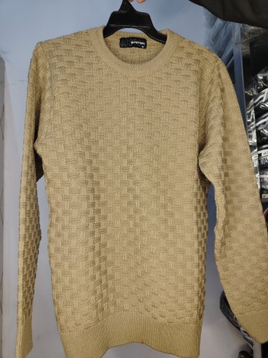 Men's Textured Crew Neck Sweater, Beige Diagonal Pattern, Long Sleeve