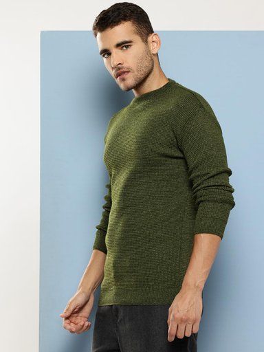Boston Men's Light Green Waffle Knit Crew Neck Sweater