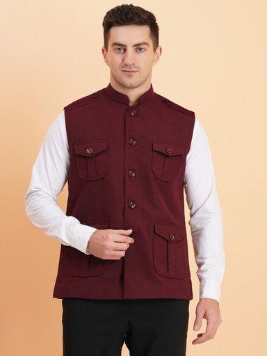 Men's Dark Red Utility Nehru Jacket 