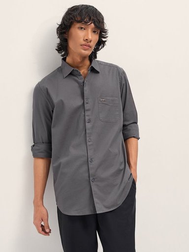 Urbano Fashion Men's Dark Grey Cotton Full Sleeve Regular Fit Casual Solid Shirt