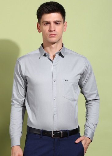 Men's Light Grey Solid Full-Sleeve Cotton Blend Shirt