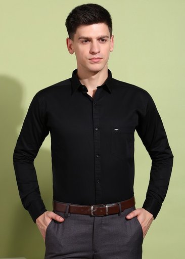 Men's Solid Black Casual Shirt | Full Sleeve, Slim Fit, Cotton Blend