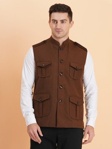 Men's Brown Solid Nehru Jacket