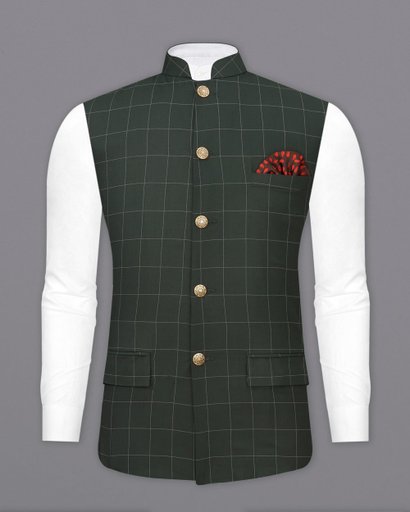 Men's Green Checkered Nehru Jacket | Ethnic Bandhgala Waistcoat for Formal & Festive Occasions