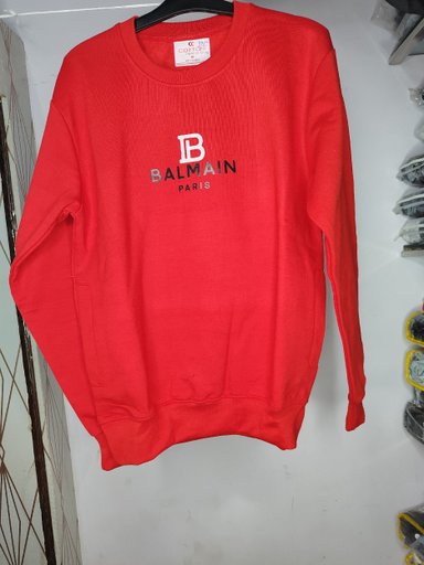 BALMAIN Paris Logo Cotton Crewneck Sweatshirt for Men | Vibrant Red