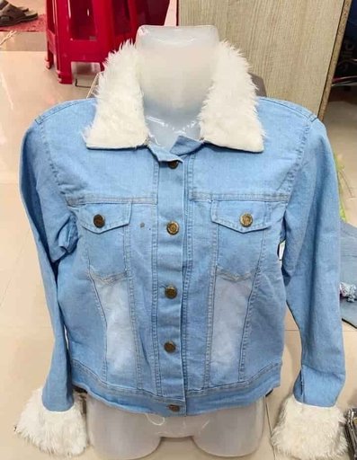 Women's Light Blue Denim Winter Jacket with Faux Fur Collar & Cuffs, Stylish Button Closure