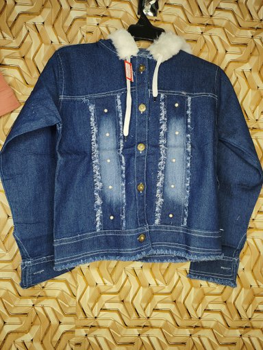 Women's Stylish Blue Denim Jacket with Faux Fur Hood and Distressed Pearl Details