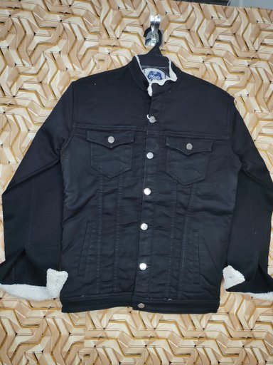 Men's Classic Black Denim Jacket with Sherpa Fleece Lining, Button Closure, and Pockets