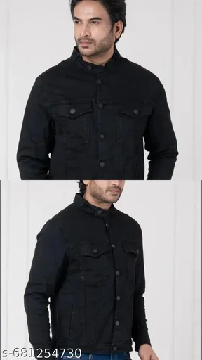 Men's Regular Fit Solid Black Denim Jacket | Classic Button-Down Trucker Style, Cotton Blend, Full Sleeve, Casual Wear