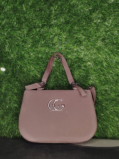 Stylish Faux Leather Crossbody Saddle Handbag with Interlocking Logo, Brown/Taupe