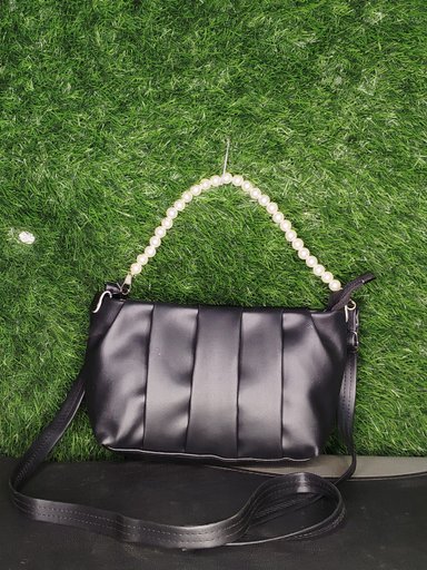 Women's Black Faux Leather Pleated Shoulder Bag | Elegant Pearl Beaded Top Handle & Detachable Crossbody Strap
