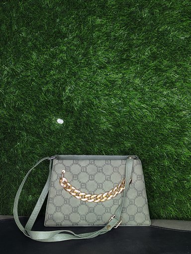  Chic Sage Green Shoulder Bag with Gold-Tone Chain Accent & Logo Pattern - Stylish Crossbody Purse for Women