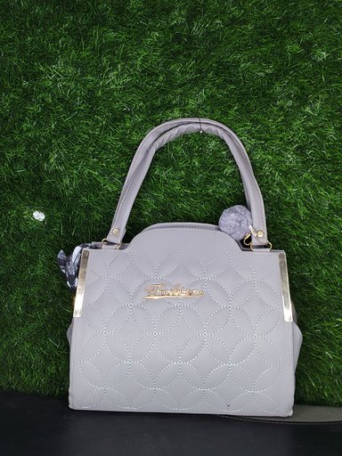 Women's Quilted Faux Leather Top Handle Satchel Handbag with Pom-Pom Charm, Grey"