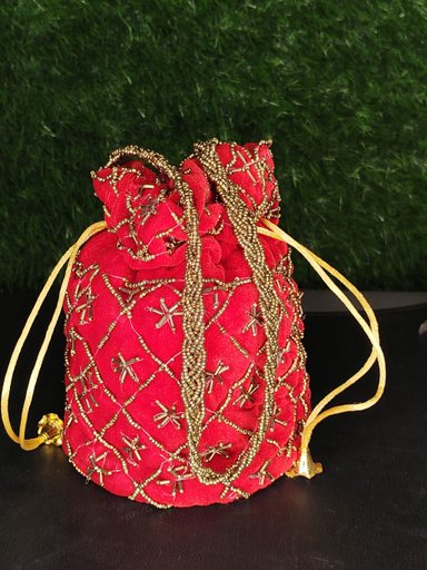 Handcrafted Red Velvet Potli Bag with Golden Bead Embroidery & Drawstring Closure