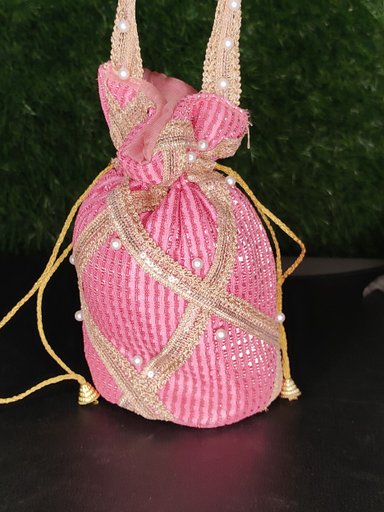 Handcrafted Pink & Gold Embroidered Potli Bag with Pearl