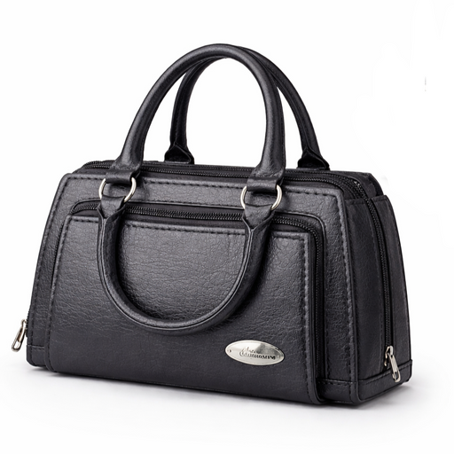 Women's Mini Satchel Handbag - Black PU Leather, Top Handle Purse with 3 Zipper Compartments, Shoulder Sling Included