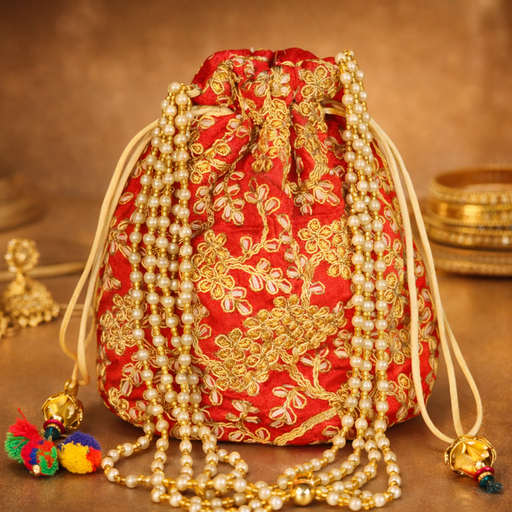 Silk Women's/Girls Ethnic Red Potli Bag with Pearl Handle, Embroidered Clutch Purse for Wedding & Party Gifting