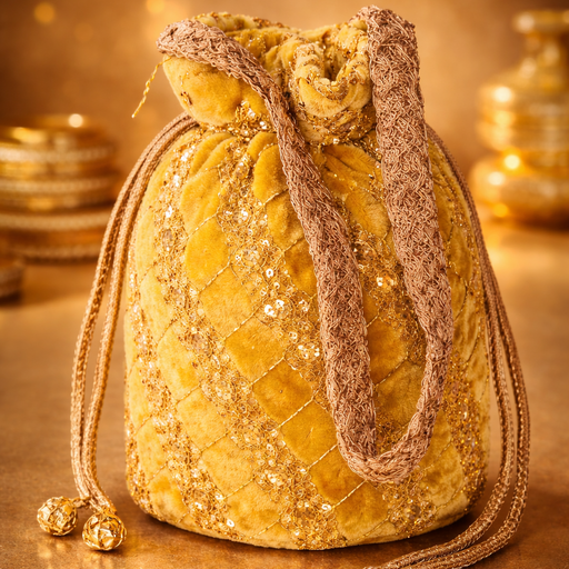 Traditional Indian potli bag or Yellow Velvet Sequined Drawstring Pouch.