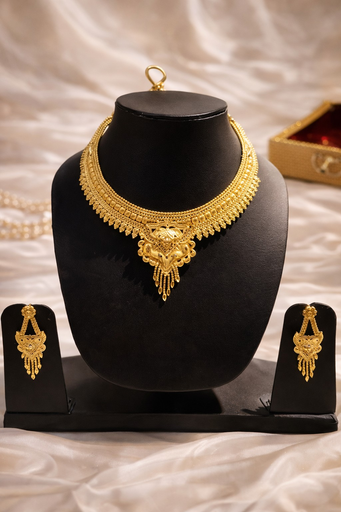 24 Carat Gold Plated Wedding Jewellery Choker Necklace Set with Earrings for Women 