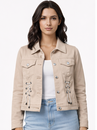 Girls' Beige Denim Jacket with White Lace-Up Detailing, Button-Front, and Pockets"
